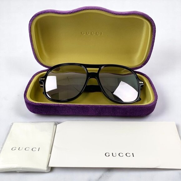 NIB Gucci Silver and Black Aviator Men's Sunglasses - Picture 1 of 9